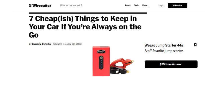 Weego 44s Featured in Wirecutter - Things to Keep in Your Car