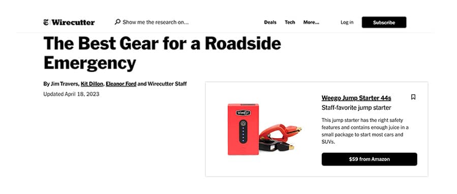 Weego 44s featured in Wirecutter - Best Gear for Roadside Emergency