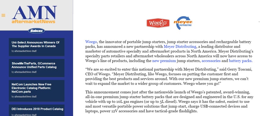 Aftermarket News Announces Weego's Partnership with Meyer Distributing