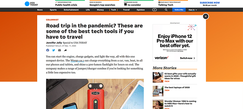 Weego 44.1 featured in USA Today's best tech tools for travel