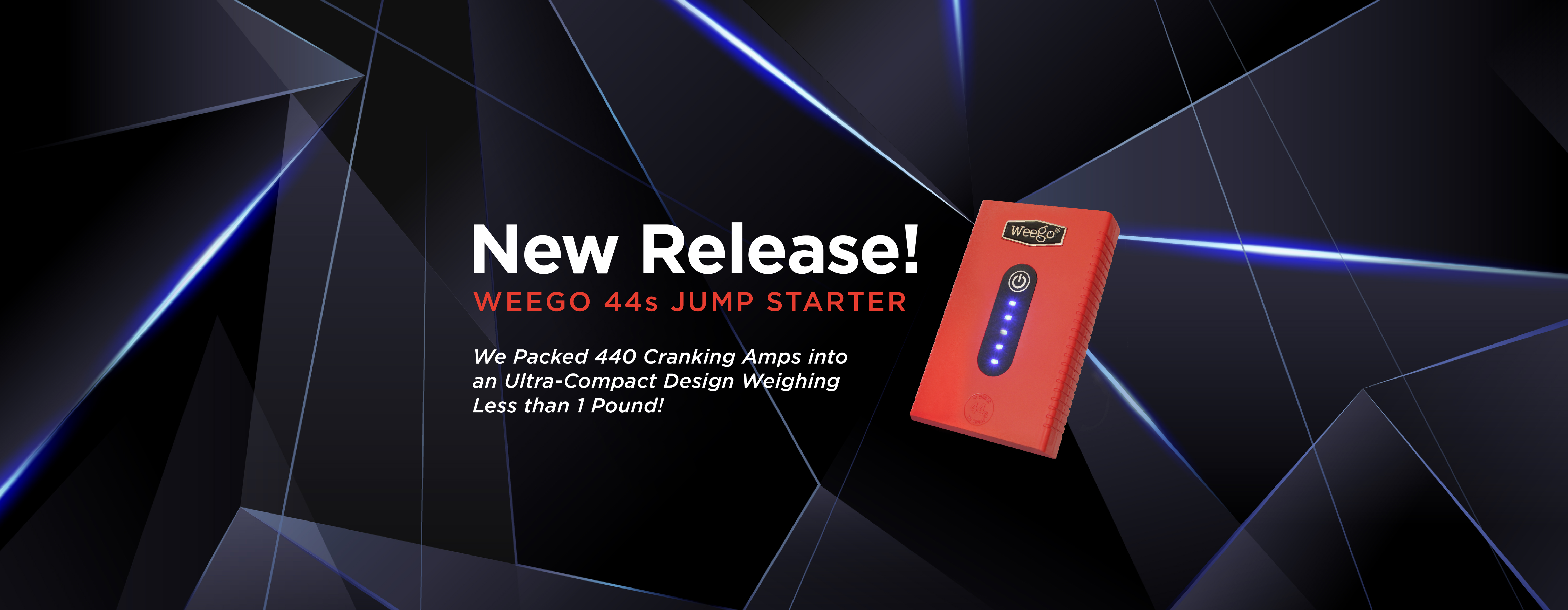 Weego's Newest Jump Starter - 44s - 440 Cranking Amps in an Ultra Compact Design Weighing Less Than 1 Pound